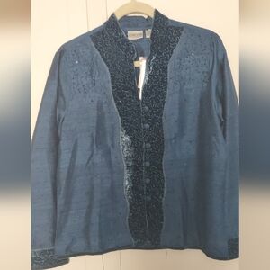 chicos size 1 (6-10) Gorgeous Silk+Velvet+ Beads Blue Jacket New W/Tags Subtle